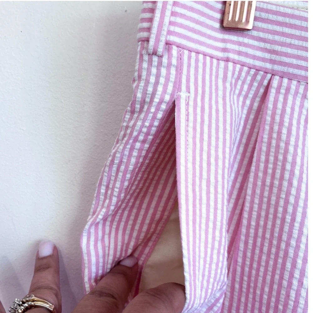 Corbin Mens Vintage Seersucker Pleated Pants Size 36 (38X29) Pink White Preppy